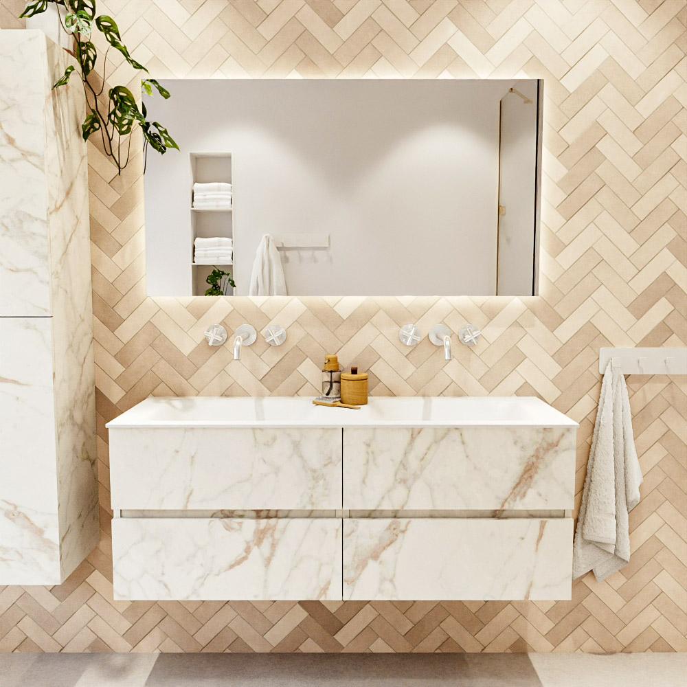 MONDIAZ VICA 130cm mueble de baño Carrara 4 cajones. Lavabo CLOUD Doble sin orificio, color Talc. 2 color Talc.