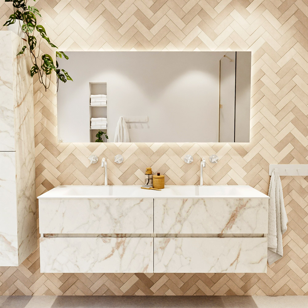 MONDIAZ VICA 150cm mueble de baño Carrara 4 cajones. Lavabo CLOUD Doble 2 orificios, color Talc. 2 color Talc.