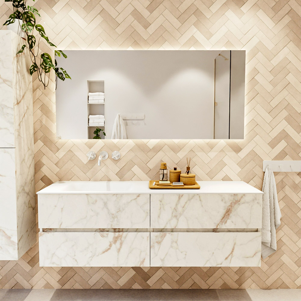 MONDIAZ VICA 150cm mueble de baño Carrara 4 cajones. Lavabo CLOUD Izquierda sin orificio, color Talc. 2 color Talc.