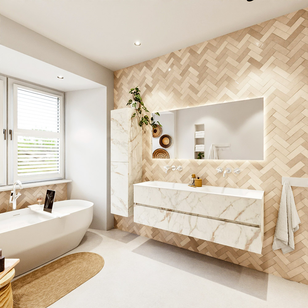 MONDIAZ VICA 150cm mueble de baño Carrara 2 cajones. Lavabo CLOUD Doble sin orificio, color Talc. 4 MONDIAZ VICA 150cm mueble de baño Carrara 2 cajones. Lavabo CLOUD Doble sin orificio, color Talc. - Imagen 4