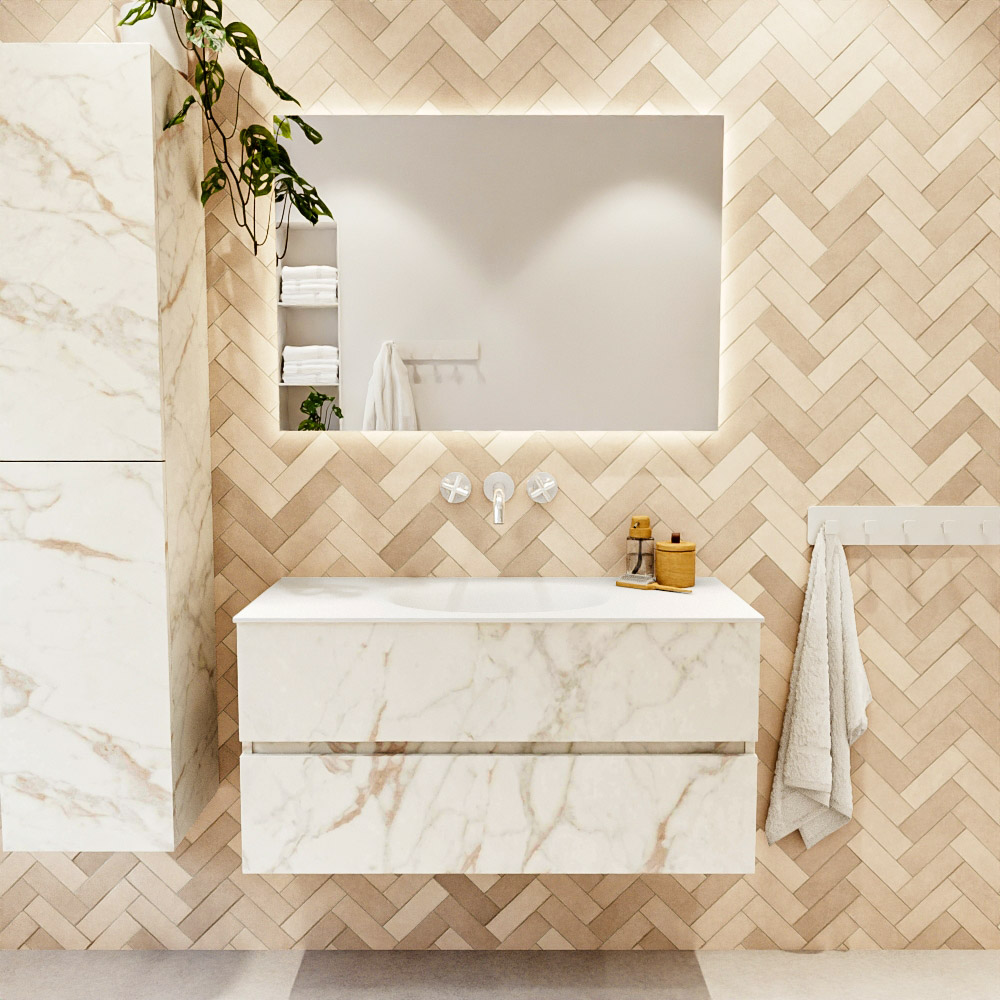 MONDIAZ VICA 100cm mueble de baño Carrara 2 cajones. Lavabo MOON Centro sin orificio, color Talc. 2 color Talc.