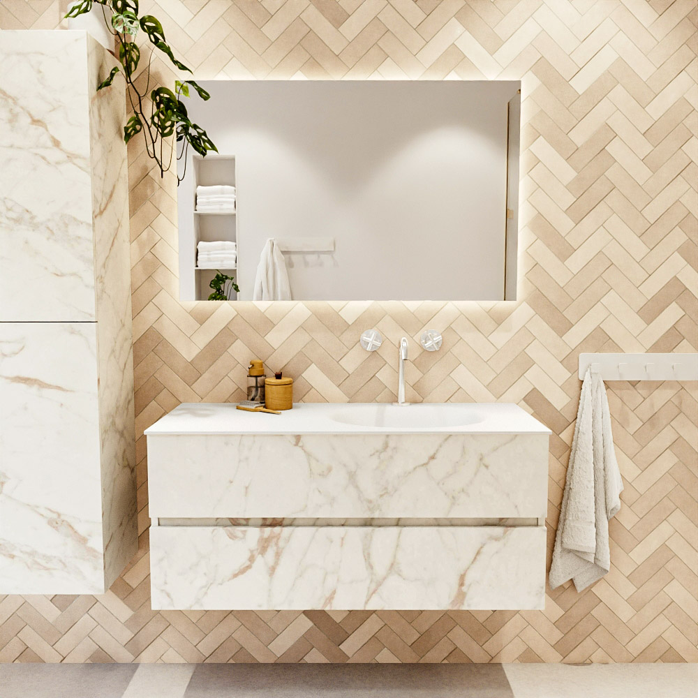MONDIAZ VICA 110cm mueble de baño Carrara 2 cajones. Lavabo MOON Derecho 1 orificio, color Talc. 2 color Talc.