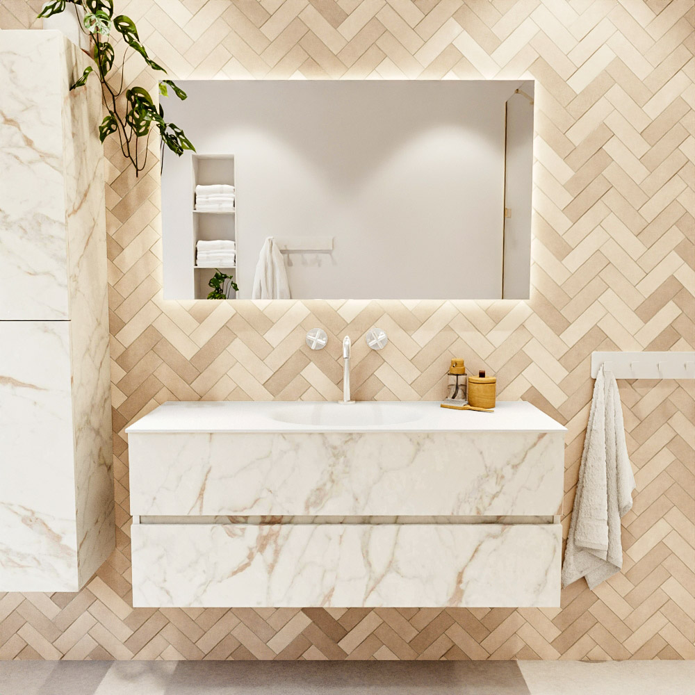 MONDIAZ VICA 120cm mueble de baño Carrara 2 cajones. Lavabo MOON Centro 1 orificio, color Talc. 2 color Talc.