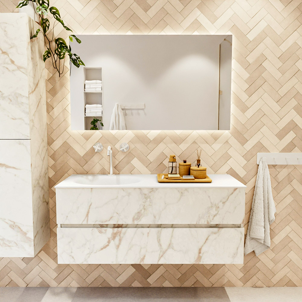 MONDIAZ VICA 120cm mueble de baño Carrara 2 cajones. Lavabo MOON Izquierda 1 orificio, color Talc. 2 color Talc.