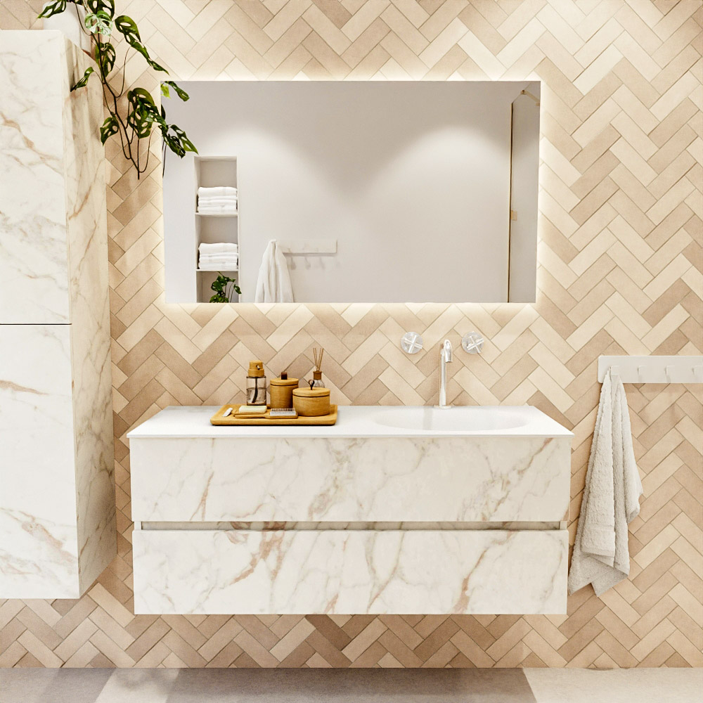 MONDIAZ VICA 120cm mueble de baño Carrara 2 cajones. Lavabo MOON Derecho 1 orificio, color Talc. 2 color Talc.