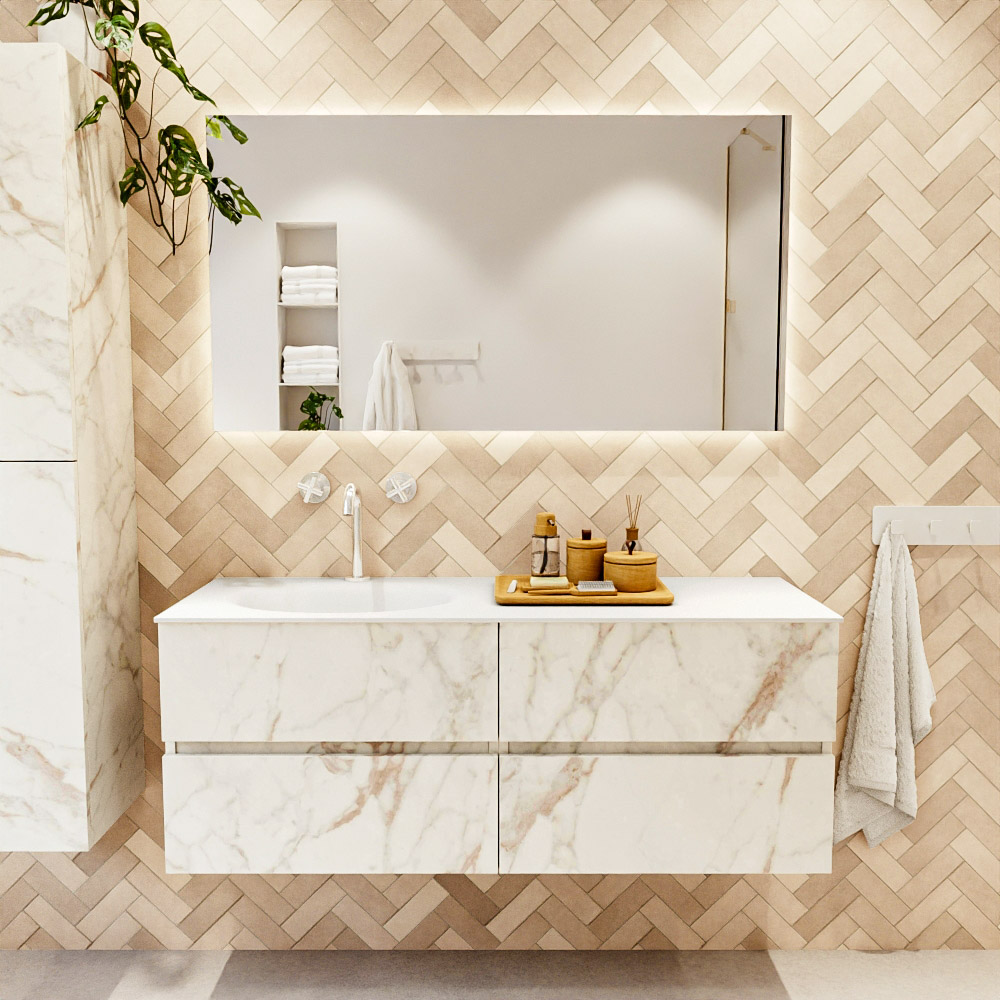 MONDIAZ VICA 130cm mueble de baño Carrara 4 cajones. Lavabo MOON Izquierda 1 orificio, color Talc. 2 color Talc.