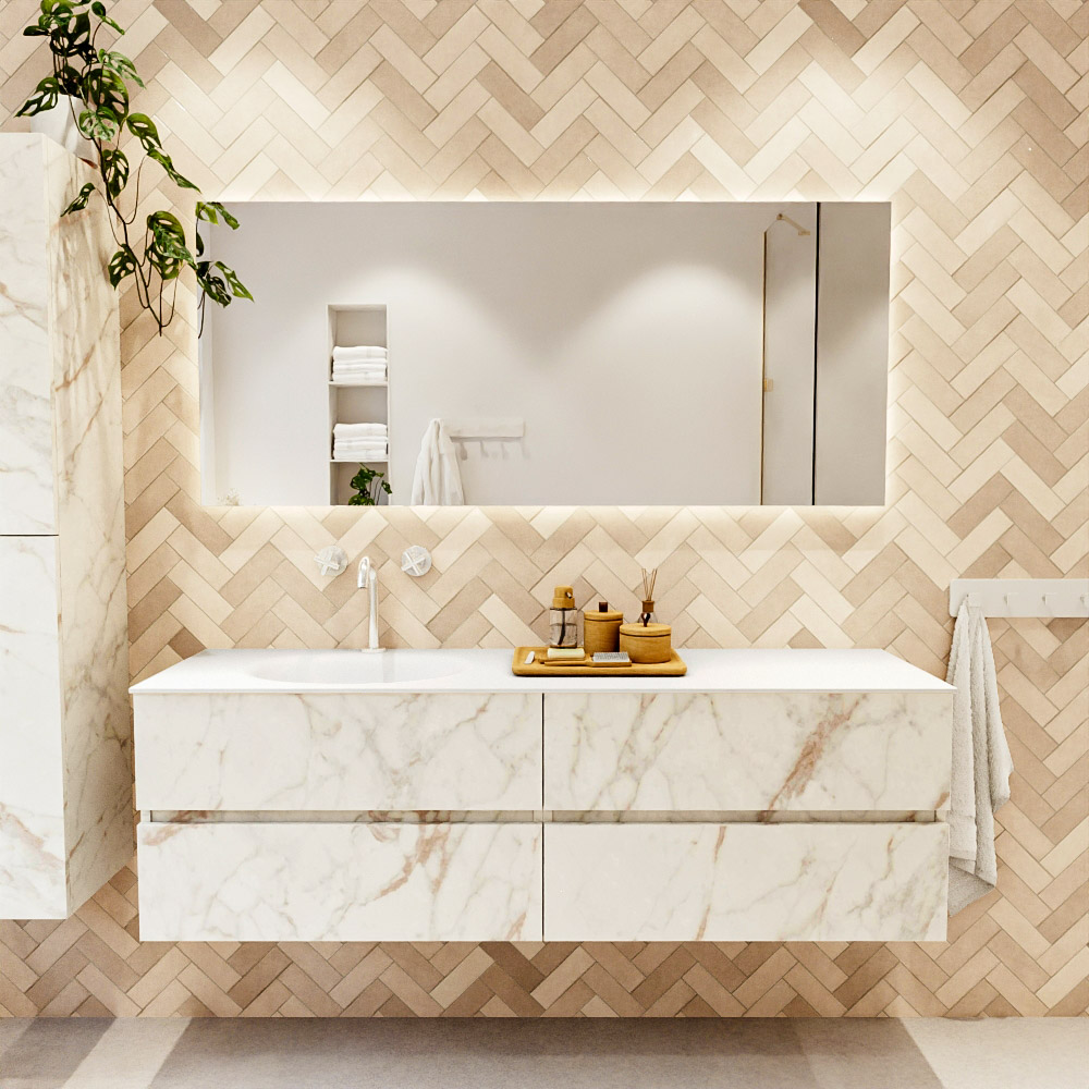 MONDIAZ VICA 160cm mueble de baño Carrara 4 cajones. Lavabo MOON Izquierda 1 orificio, color Talc. 2 color Talc.