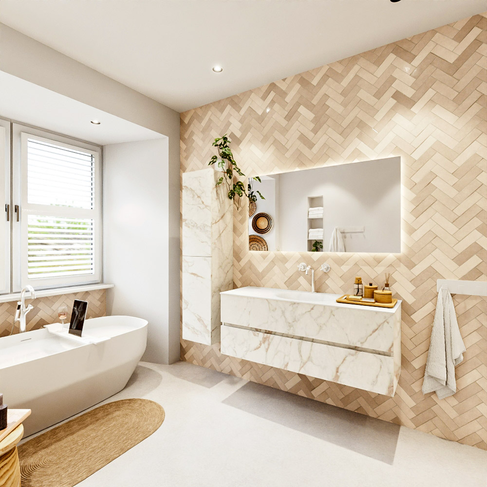 MONDIAZ VICA 130cm mueble de baño Carrara 2 cajones. Lavabo MOON Centro 1 orificio, color Talc. 4 MONDIAZ VICA 130cm mueble de baño Carrara 2 cajones. Lavabo MOON Centro 1 orificio, color Talc. - Imagen 4