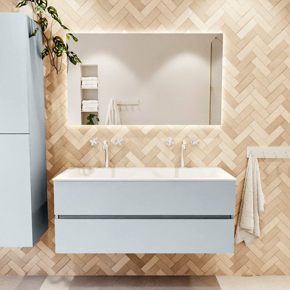 MONDIAZ VICA 120cm mueble de baño Clay 2 cajones. Lavabo CLOUD Doble 2 orificios, color Talc. 2 color Talc.
