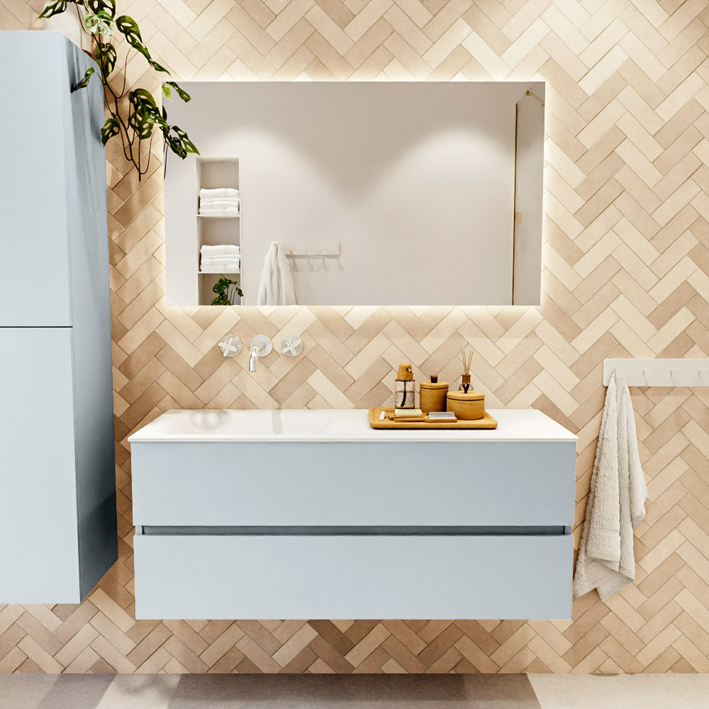 MONDIAZ VICA 120cm mueble de baño Clay 2 cajones. Lavabo CLOUD Izquierda sin orificio, color Talc. 2 color Talc.