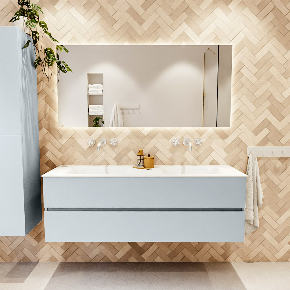 MONDIAZ VICA 150cm mueble de baño Clay 2 cajones. Lavabo CLOUD Doble sin orificio, color Talc. 2 color Talc.
