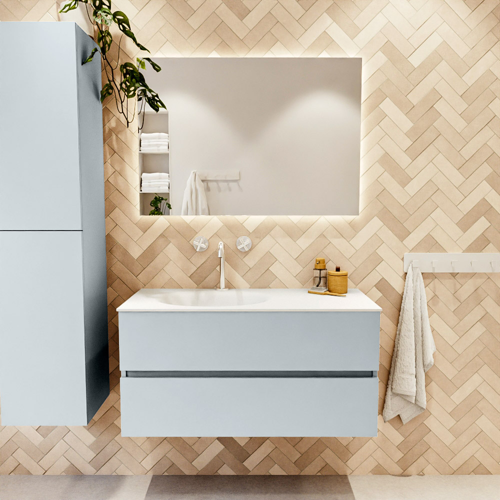 MONDIAZ VICA 100cm mueble de baño Clay 2 cajones. Lavabo MOON Izquierda 1 orificio, color Talc. 2 color Talc.