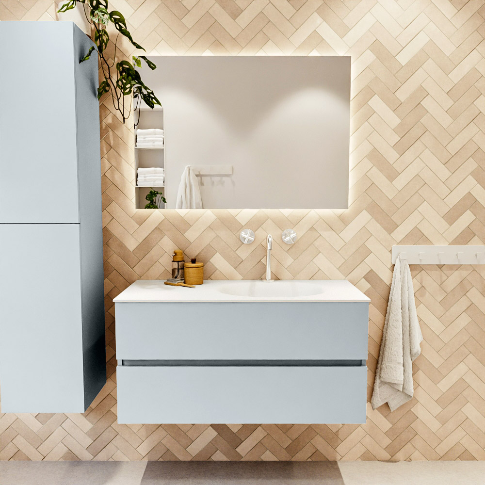 MONDIAZ VICA 100cm mueble de baño Clay 2 cajones. Lavabo MOON Derecho 1 orificio, color Talc. 2 color Talc.