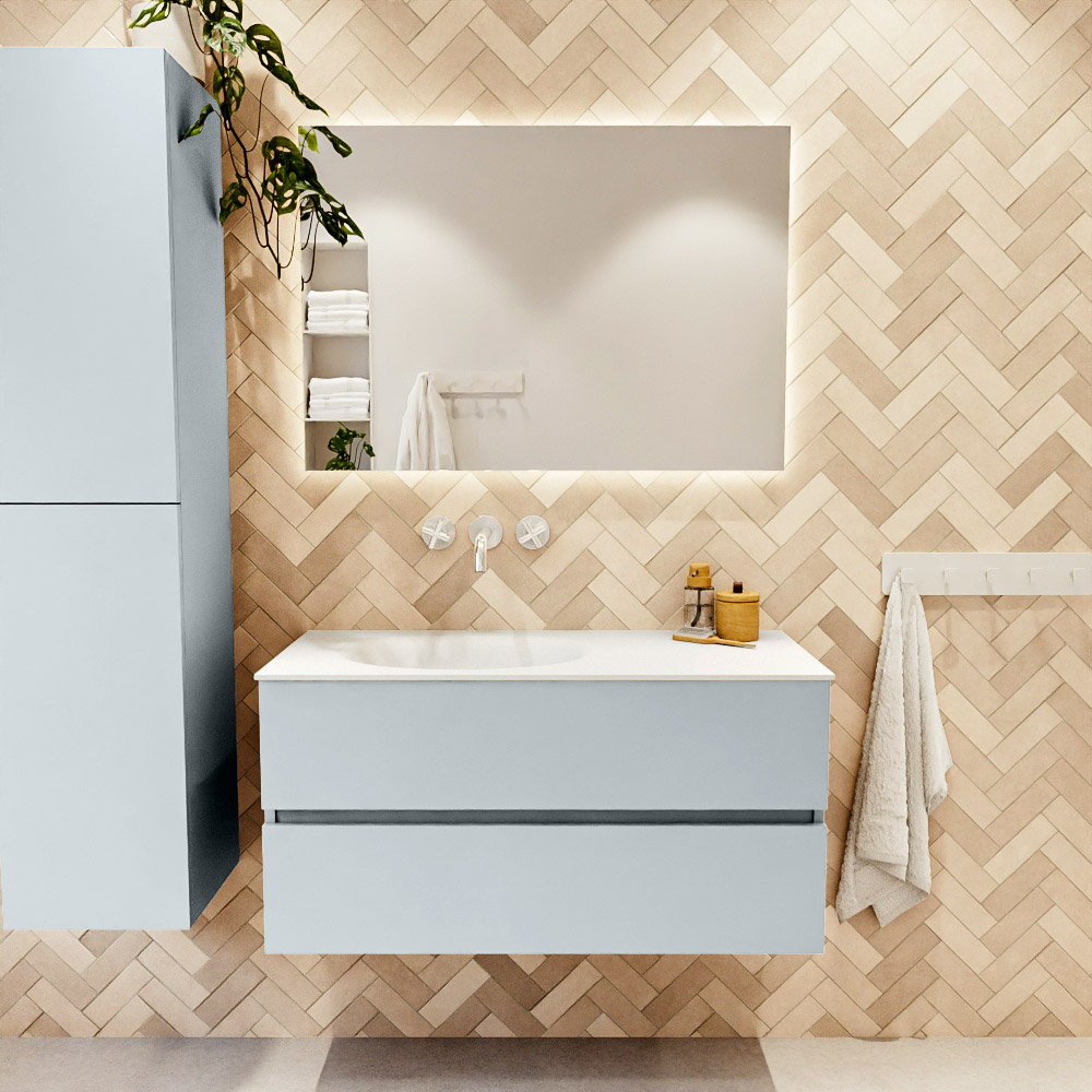 MONDIAZ VICA 100cm mueble de baño Clay 2 cajones. Lavabo MOON Izquierda sin orificio, color Talc. 2 color Talc.
