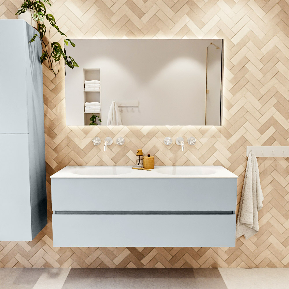 MONDIAZ VICA 130cm mueble de baño Clay 2 cajones. Lavabo MOON Doble sin orificio, color Talc. 2 color Talc.