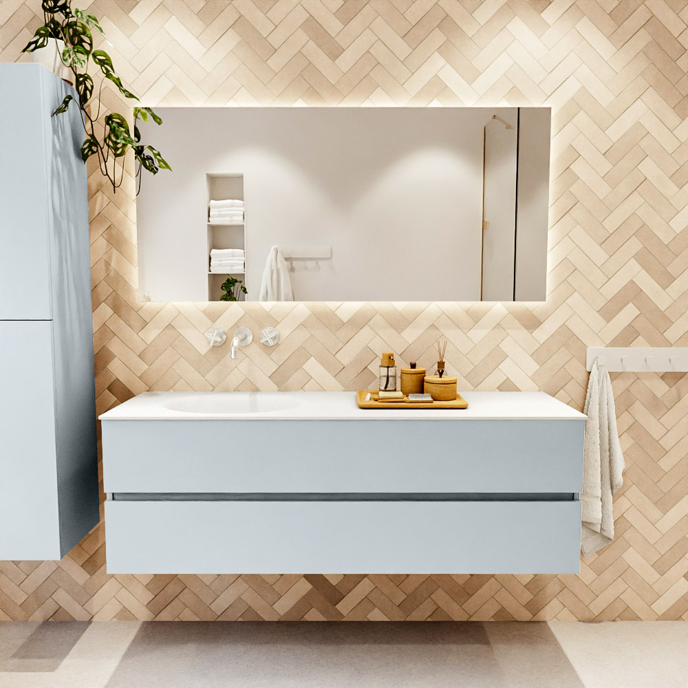 MONDIAZ VICA 150cm mueble de baño Clay 2 cajones. Lavabo MOON Izquierda sin orificio, color Talc. 2 color Talc.