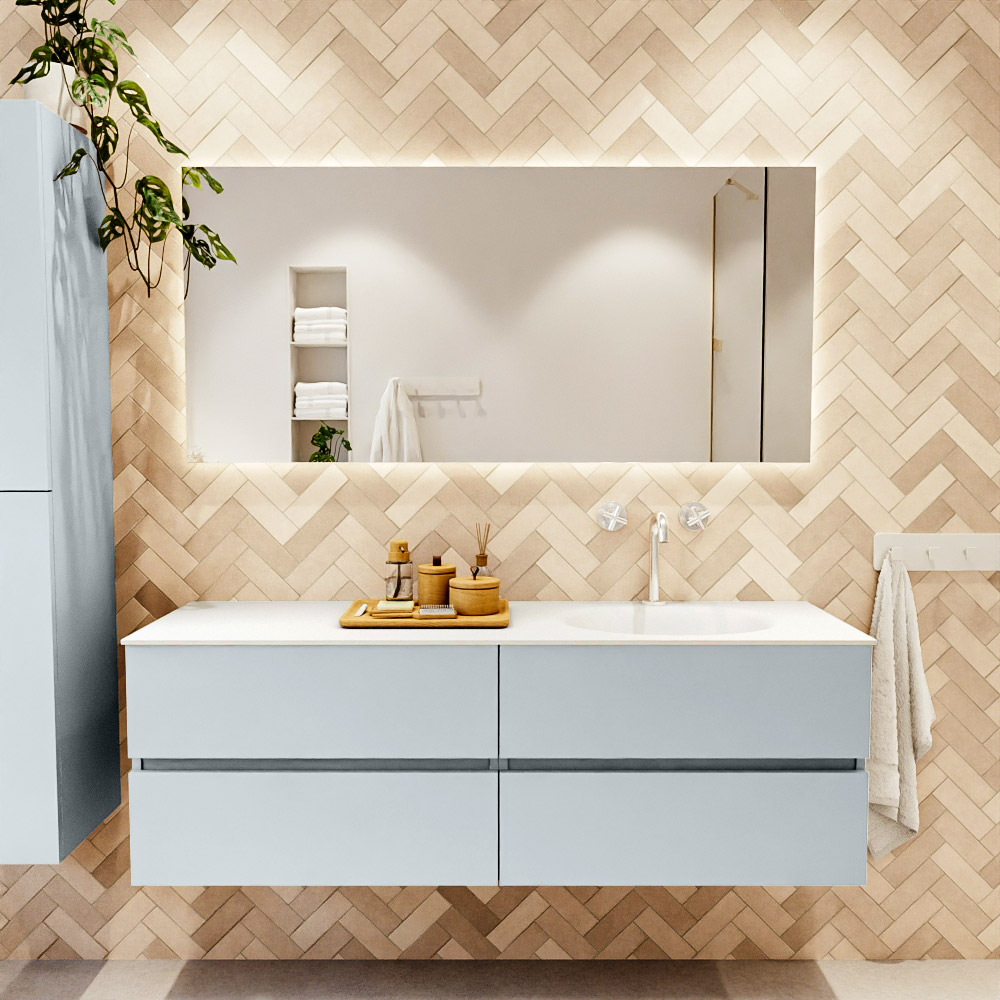 MONDIAZ VICA 150cm mueble de baño Clay 4 cajones. Lavabo MOON Derecho 1 orificio, color Talc. 2 color Talc.