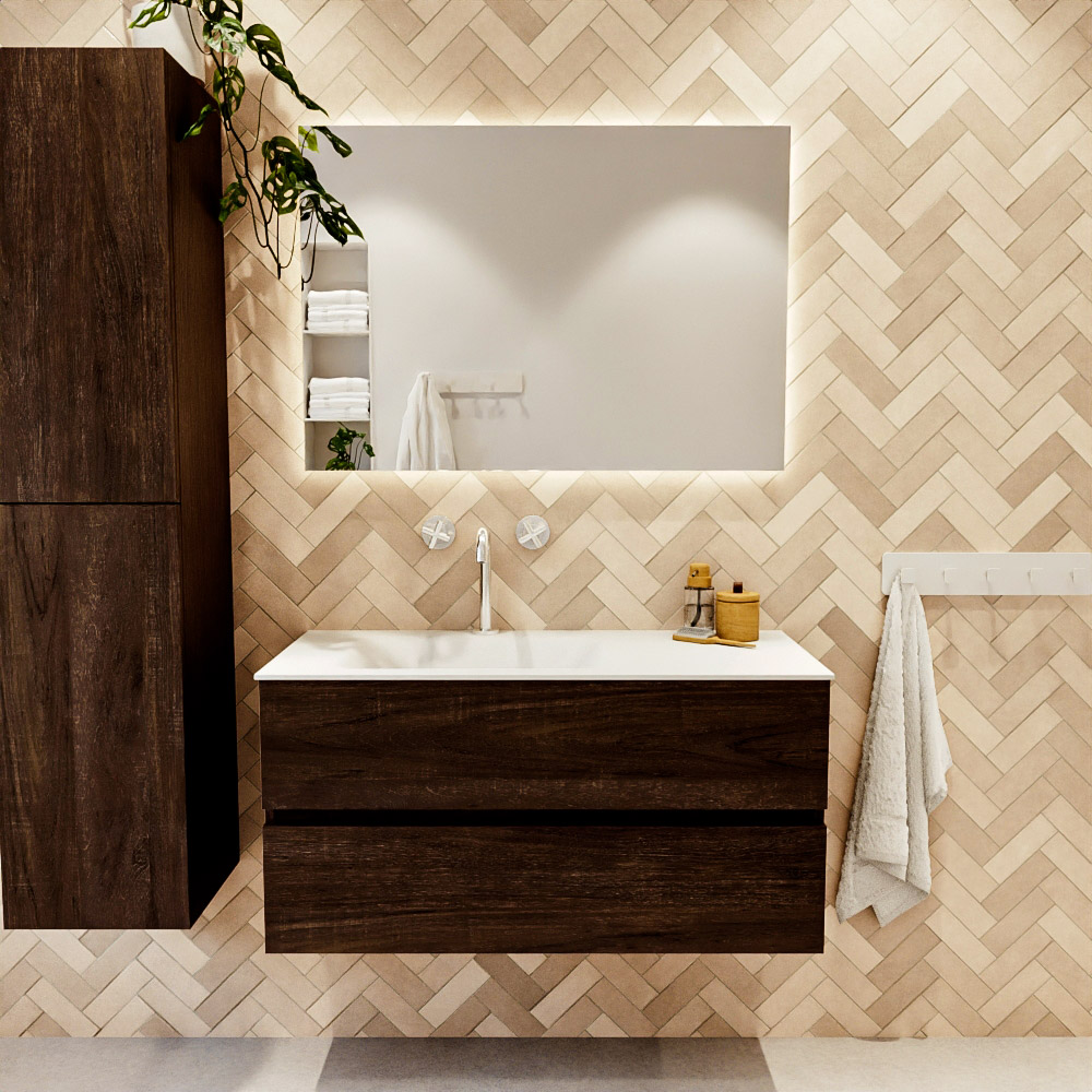 MONDIAZ VICA 100cm mueble de baño Dark Brown 2 cajones. Lavabo CLOUD Izquierda 1 orificio, color Talc. 2 color Talc.