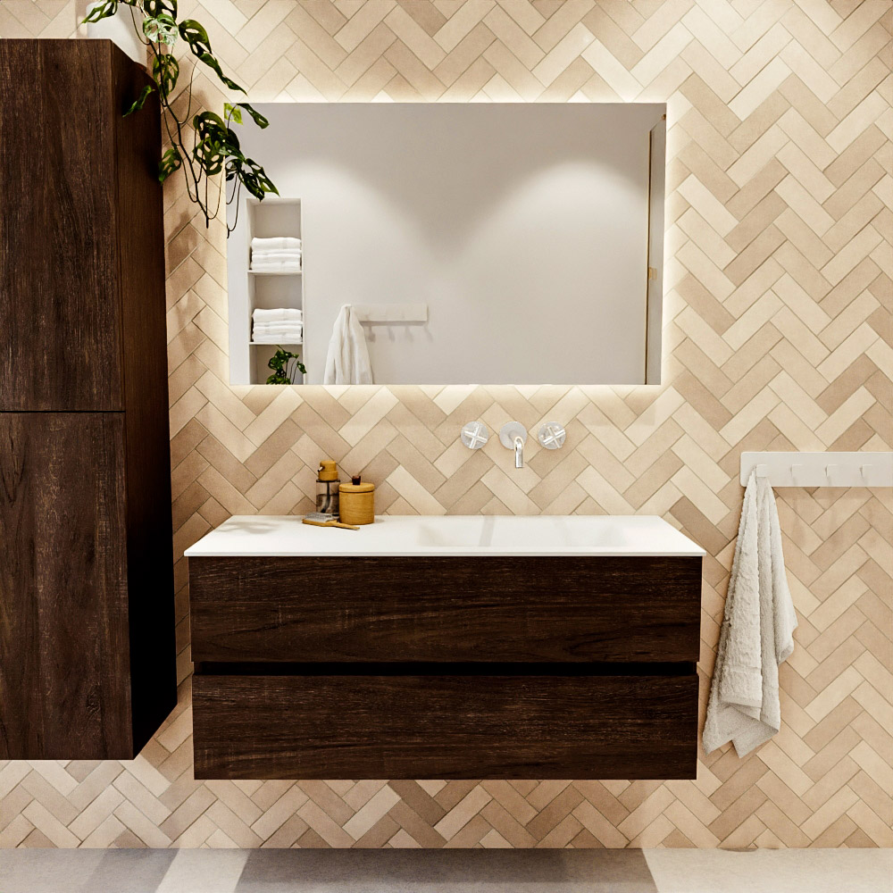 MONDIAZ VICA 110cm mueble de baño Dark Brown 2 cajones. Lavabo CLOUD Derecho sin orificio, color Talc. 2 color Talc.