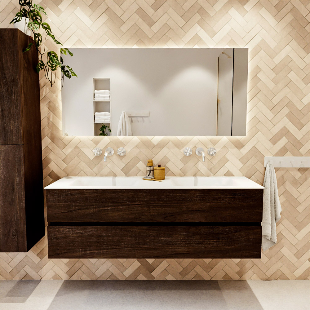 MONDIAZ VICA 150cm mueble de baño Dark Brown 2 cajones. Lavabo CLOUD Doble sin orificio, color Talc. 2 color Talc.