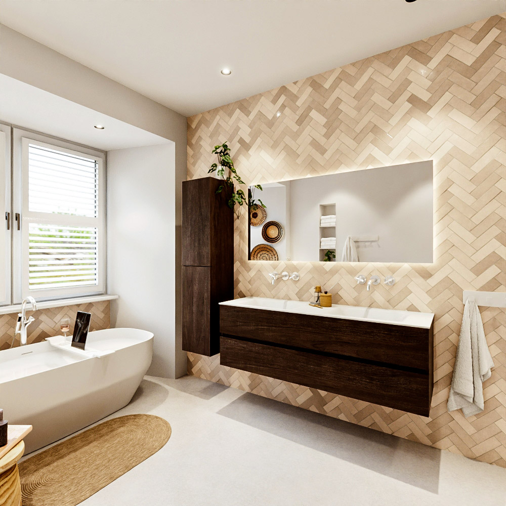 MONDIAZ VICA 150cm mueble de baño Dark Brown 2 cajones. Lavabo CLOUD Doble sin orificio, color Talc. 4 MONDIAZ VICA 150cm mueble de baño Dark Brown 2 cajones. Lavabo CLOUD Doble sin orificio, color Talc. - Imagen 4