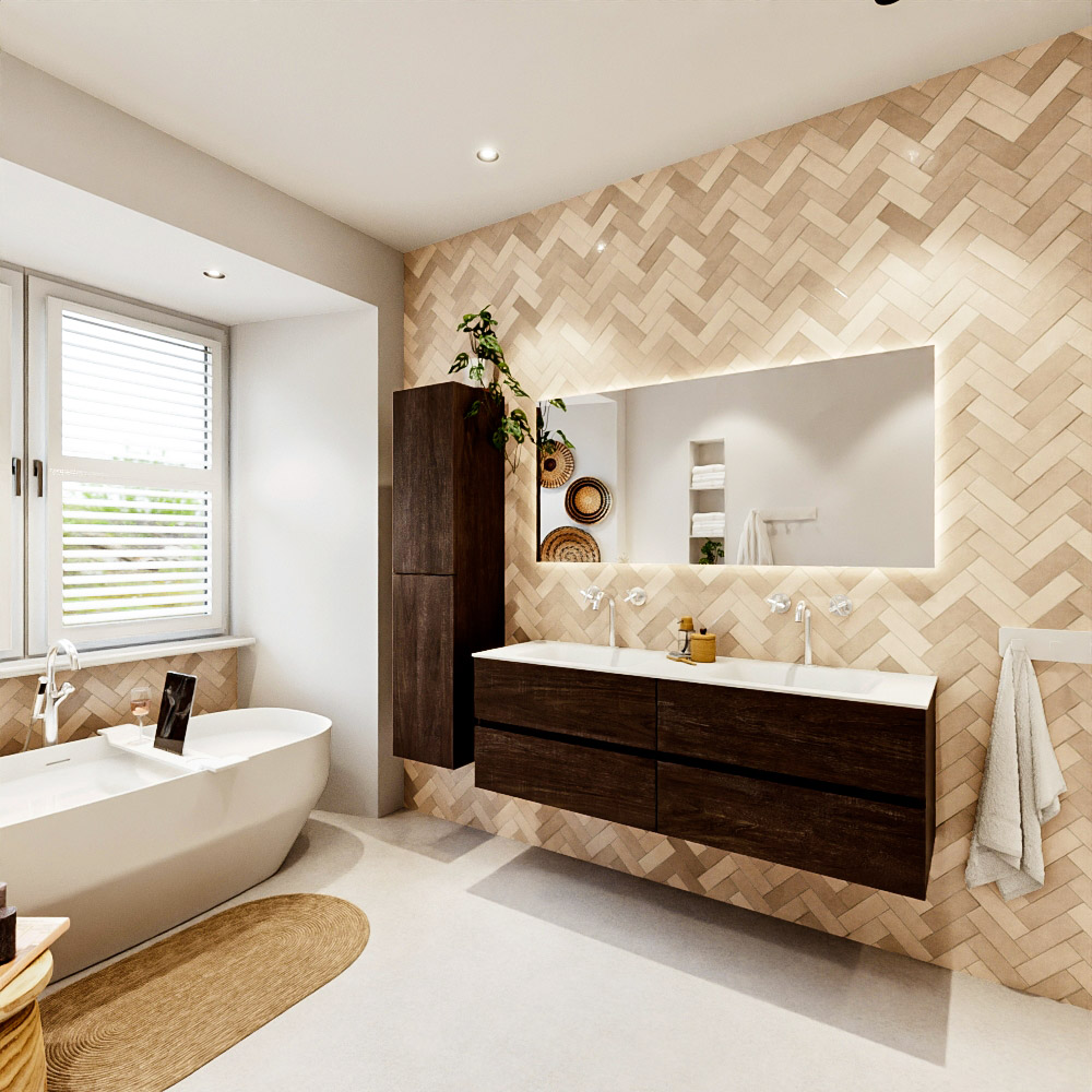 MONDIAZ VICA 150cm mueble de baño Dark Brown 4 cajones. Lavabo CLOUD Doble 2 orificios, color Talc. 4 MONDIAZ VICA 150cm mueble de baño Dark Brown 4 cajones. Lavabo CLOUD Doble 2 orificios, color Talc. - Imagen 4