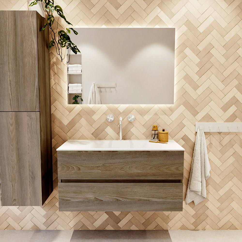 MONDIAZ VICA 100cm mueble de baño Dark Brown Grey 2 cajones. Lavabo CLOUD Centro 1 orificio, color Talc. 2 color Talc.