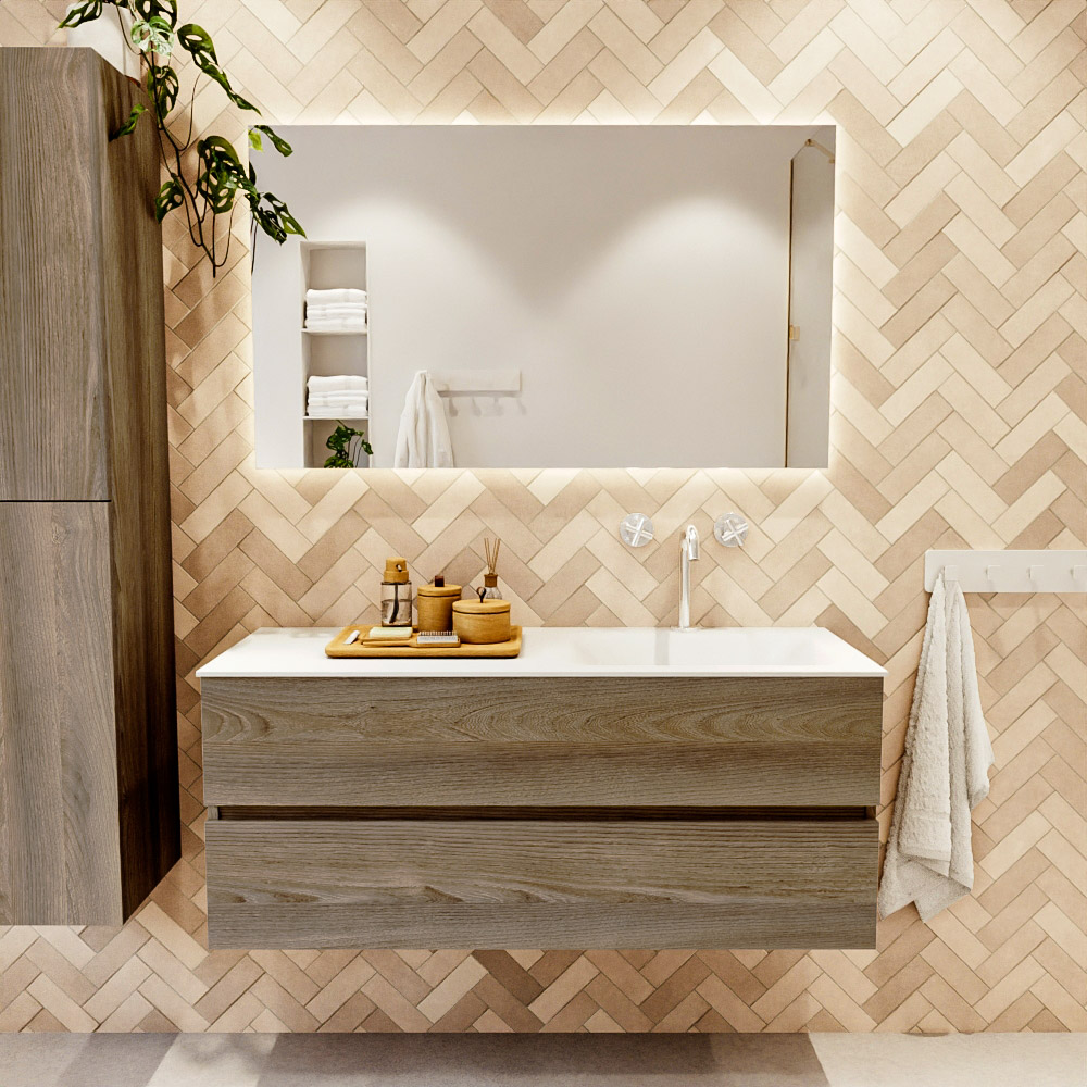 MONDIAZ VICA 120cm mueble de baño Dark Brown Grey 2 cajones. Lavabo CLOUD Derecho 1 orificio, color Talc. 2 color Talc.