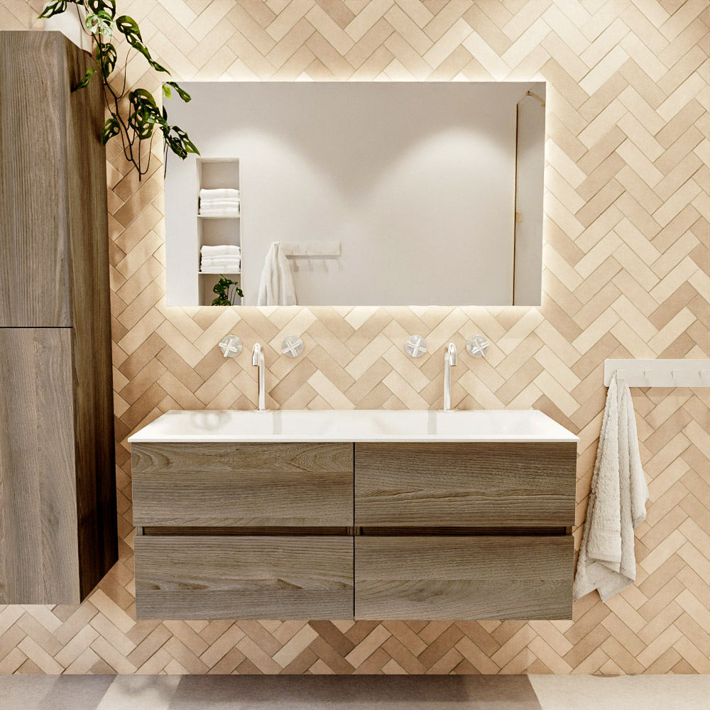 MONDIAZ VICA 120cm mueble de baño Dark Brown Grey 4 cajones. Lavabo CLOUD Doble 2 orificios, color Talc. 2 color Talc.