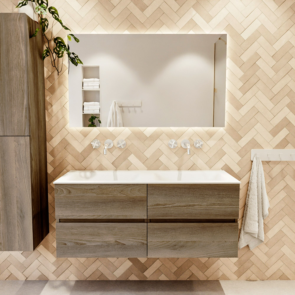 MONDIAZ VICA 120cm mueble de baño Dark Brown Grey 4 cajones. Lavabo CLOUD Doble sin orificio, color Talc. 2 color Talc.