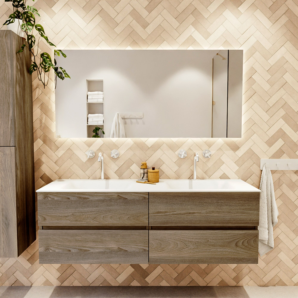 MONDIAZ VICA 150cm mueble de baño Dark Brown Grey 4 cajones. Lavabo CLOUD Doble 2 orificios, color Talc. 2 color Talc.