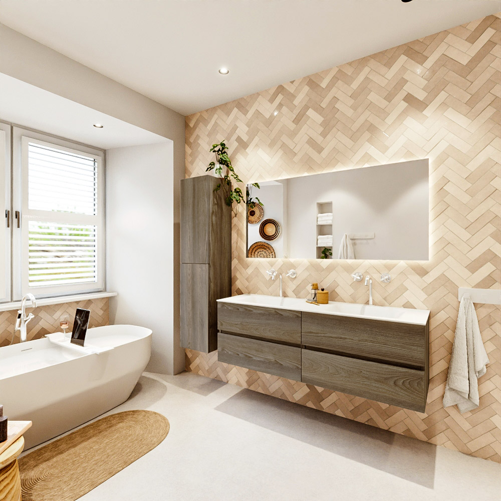 MONDIAZ VICA 150cm mueble de baño Dark Brown Grey 4 cajones. Lavabo CLOUD Doble 2 orificios, color Talc. 4 MONDIAZ VICA 150cm mueble de baño Dark Brown Grey 4 cajones. Lavabo CLOUD Doble 2 orificios, color Talc. - Imagen 4