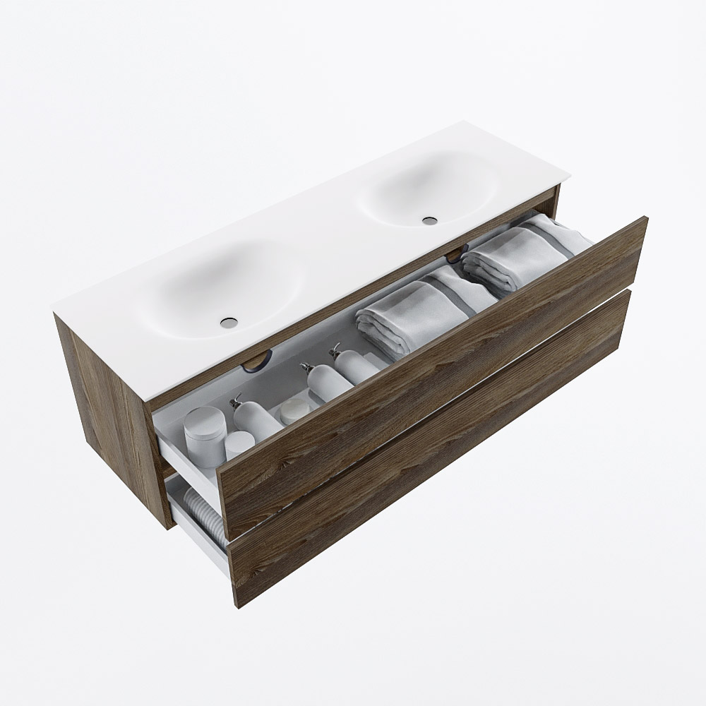 MONDIAZ VICA 150cm mueble de baño Dark Brown Grey 2 cajones. Lavabo MOON Doble sin orificio, color Talc. - Imagen 7