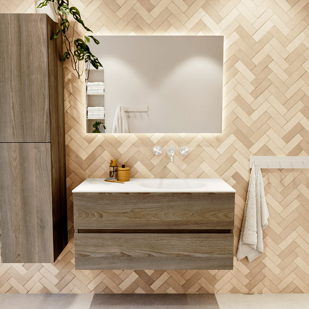 MONDIAZ VICA 100cm mueble de baño Dark Brown Grey 2 cajones. Lavabo MOON Derecho sin orificio, color Talc. 2 color Talc.