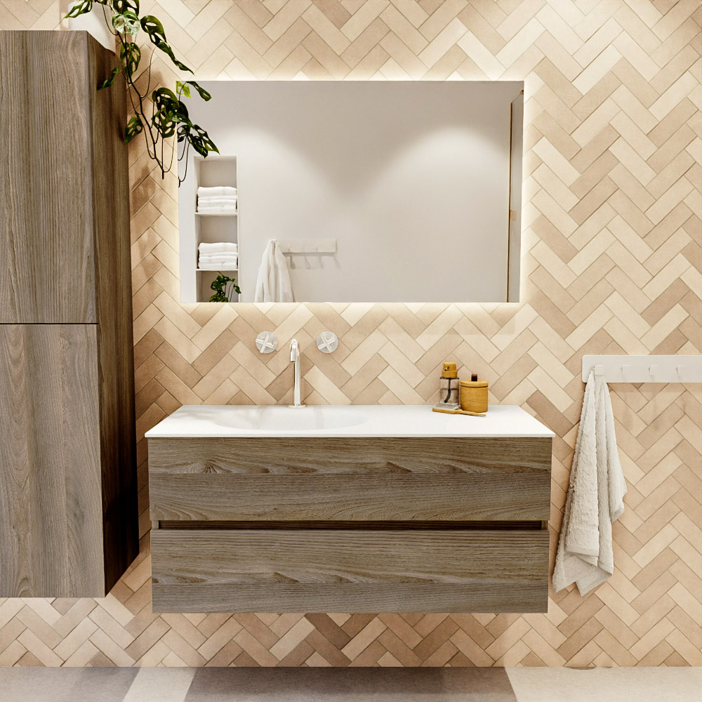 MONDIAZ VICA 110cm mueble de baño Dark Brown Grey 2 cajones. Lavabo MOON Izquierda 1 orificio, color Talc. 2 color Talc.