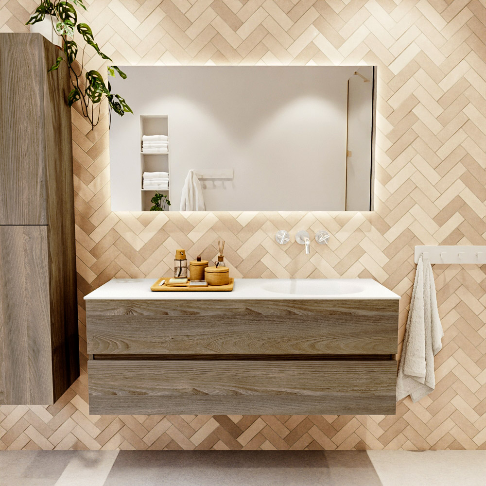 MONDIAZ VICA 130cm mueble de baño Dark Brown Grey 2 cajones. Lavabo MOON Derecho sin orificio, color Talc. 2 color Talc.