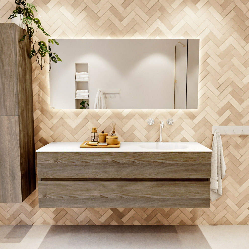 MONDIAZ VICA 150cm mueble de baño Dark Brown Grey 2 cajones. Lavabo MOON Derecho 1 orificio, color Talc. 2 color Talc.
