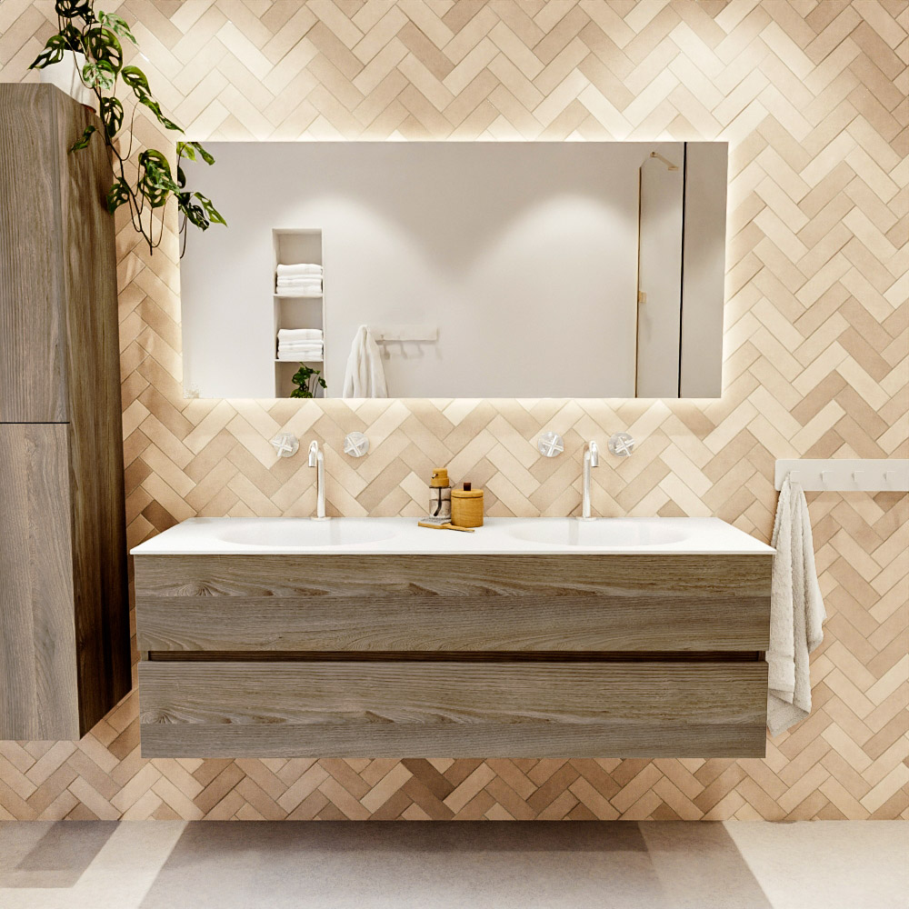 MONDIAZ VICA 150cm mueble de baño Dark Brown Grey 2 cajones. Lavabo MOON Doble 2 orificios, color Talc. 2 color Talc.