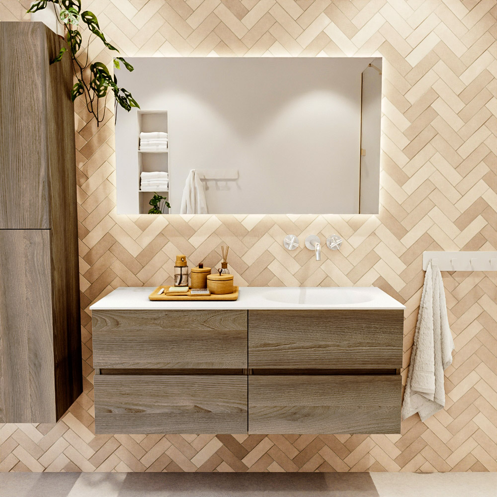MONDIAZ VICA 120cm mueble de baño Dark Brown Grey 4 cajones. Lavabo MOON Derecho sin orificio, color Talc. 2 color Talc.