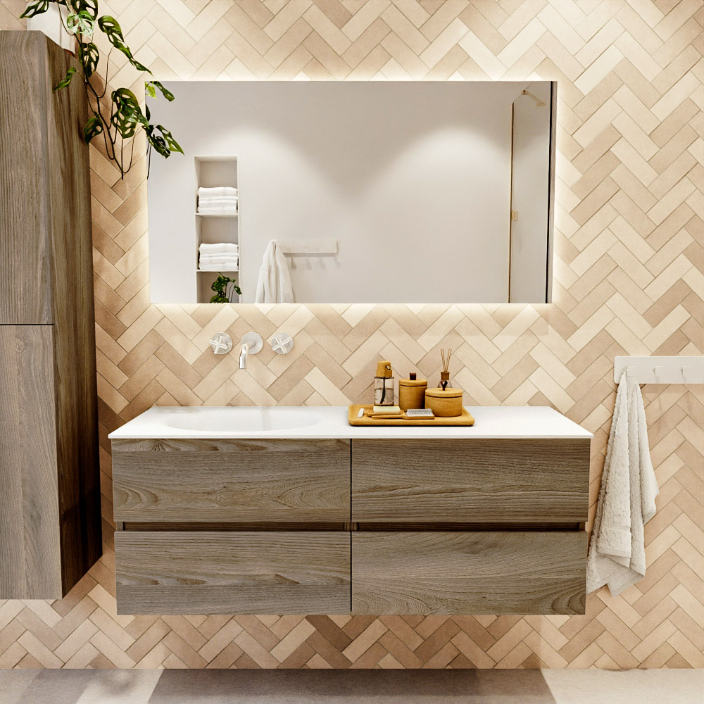 MONDIAZ VICA 130cm mueble de baño Dark Brown Grey 4 cajones. Lavabo MOON Izquierda sin orificio, color Talc. 2 color Talc.