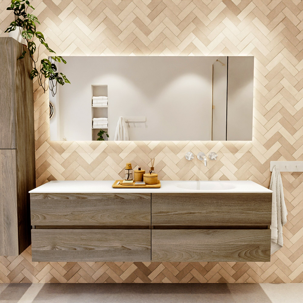 MONDIAZ VICA 170cm mueble de baño Dark Brown Grey 4 cajones. Lavabo MOON Derecho sin orificio, color Talc. 2 color Talc.
