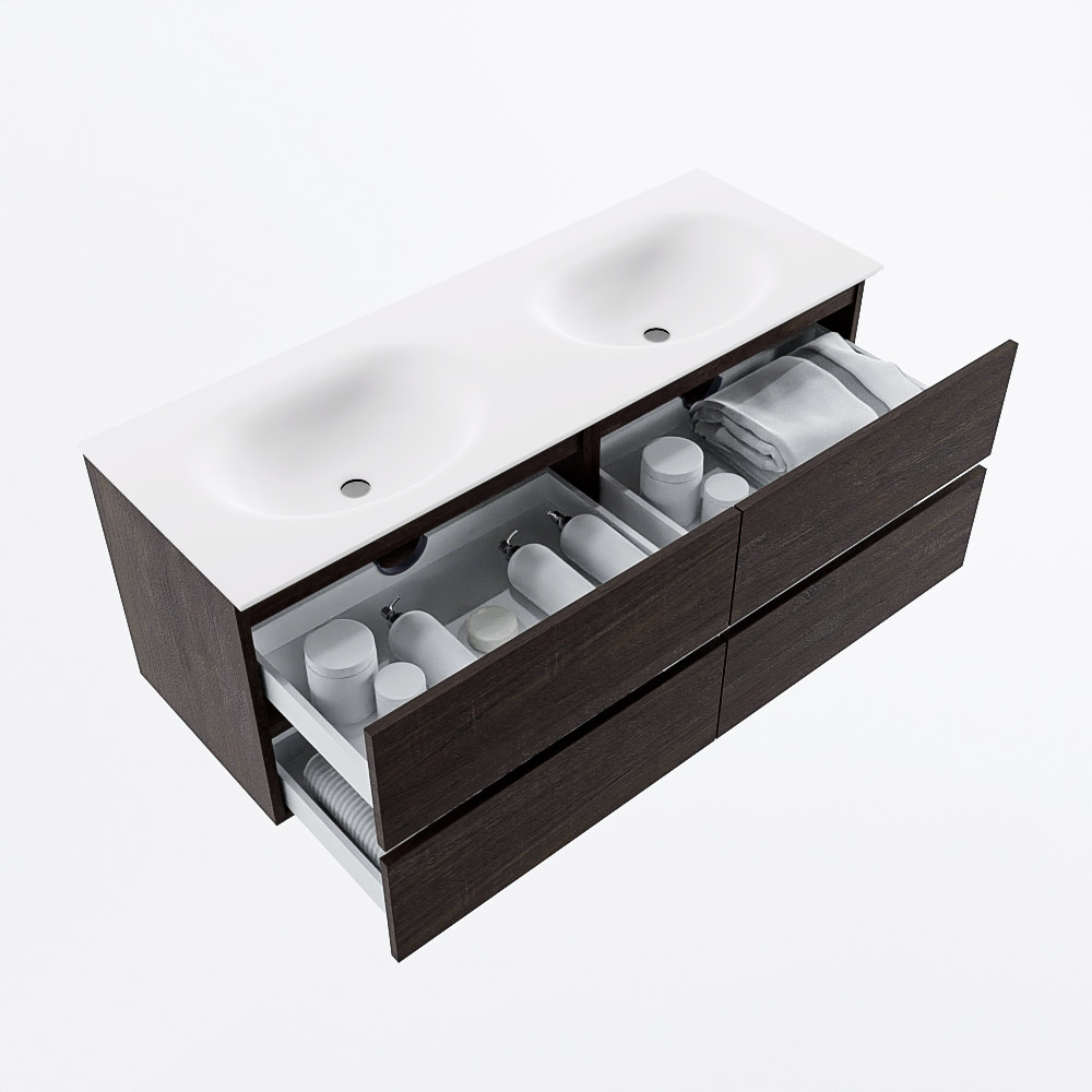MONDIAZ VICA 130cm mueble de baño Dark Brown 4 cajones. Lavabo MOON Doble 2 orificios, color Talc. 7 MONDIAZ VICA 130cm mueble de baño Dark Brown 4 cajones. Lavabo MOON Doble 2 orificios, color Talc. - Imagen 7