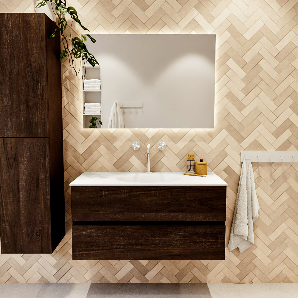 MONDIAZ VICA 100cm mueble de baño Dark Brown 2 cajones. Lavabo MOON Centro 1 orificio, color Talc. 2 color Talc.