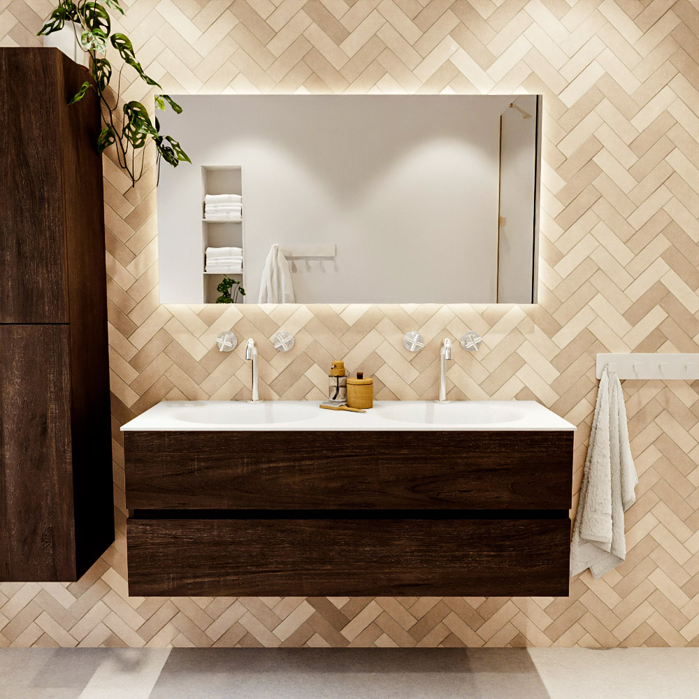 MONDIAZ VICA 130cm mueble de baño Dark Brown 2 cajones. Lavabo MOON Doble 2 orificios, color Talc. 2 color Talc.