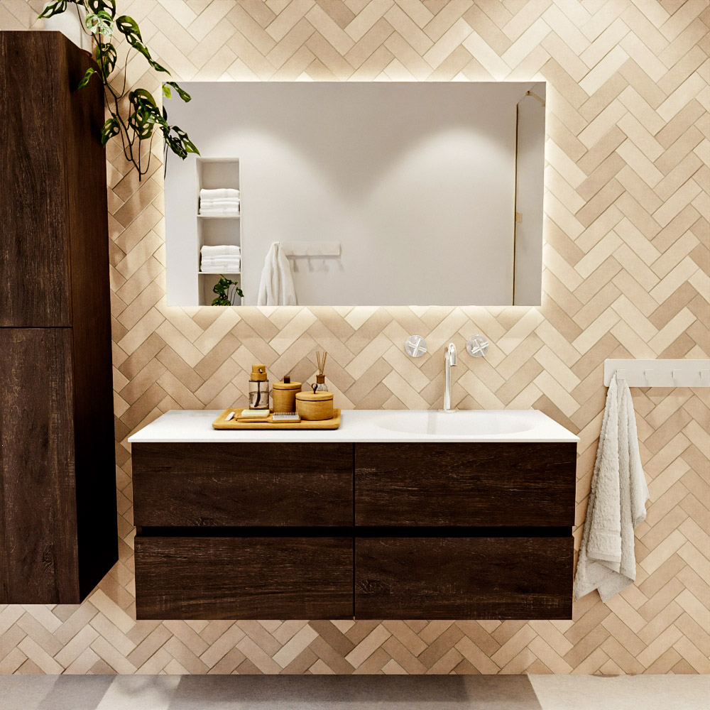 MONDIAZ VICA 120cm mueble de baño Dark Brown 4 cajones. Lavabo MOON Derecho 1 orificio, color Talc. 2 color Talc.