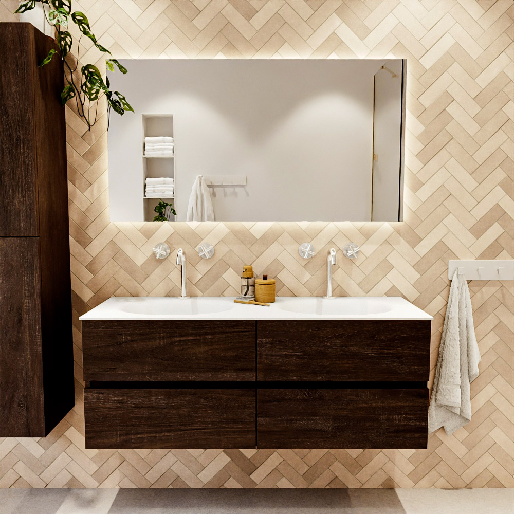 MONDIAZ VICA 130cm mueble de baño Dark Brown 4 cajones. Lavabo MOON Doble 2 orificios, color Talc. 2 color Talc.