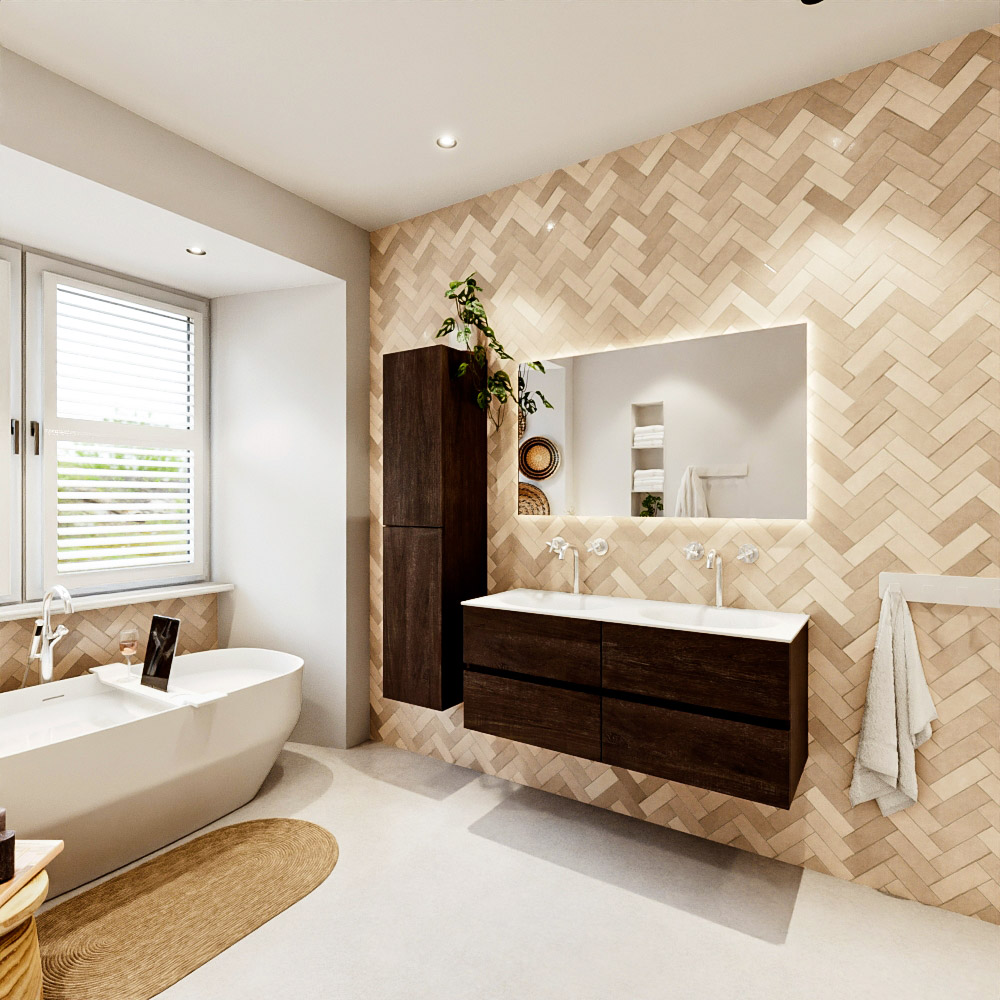 MONDIAZ VICA 120cm mueble de baño Dark Brown 4 cajones. Lavabo MOON Doble 2 orificios, color Talc. 4 MONDIAZ VICA 120cm mueble de baño Dark Brown 4 cajones. Lavabo MOON Doble 2 orificios, color Talc. - Imagen 4