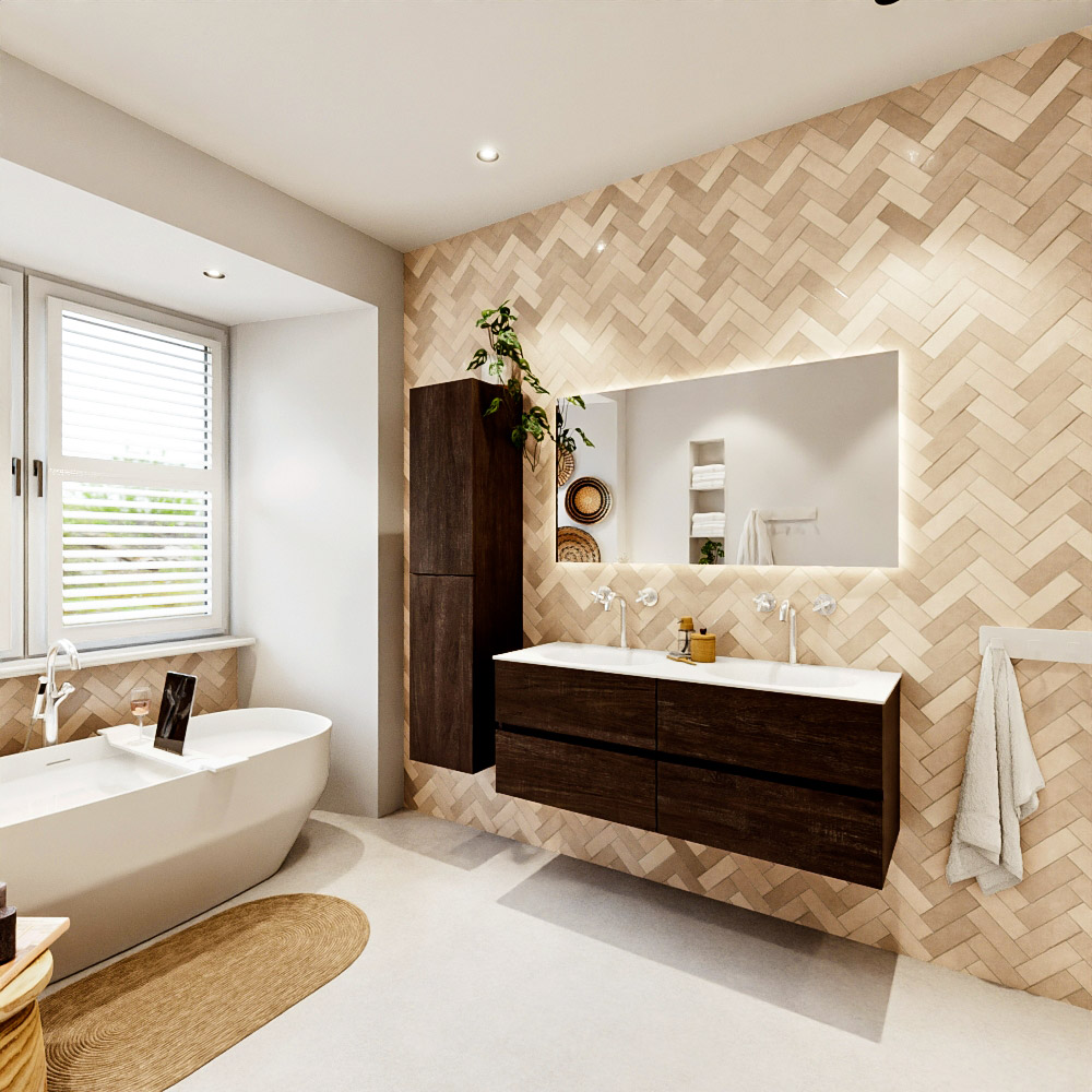 MONDIAZ VICA 130cm mueble de baño Dark Brown 4 cajones. Lavabo MOON Doble 2 orificios, color Talc. 4 MONDIAZ VICA 130cm mueble de baño Dark Brown 4 cajones. Lavabo MOON Doble 2 orificios, color Talc. - Imagen 4