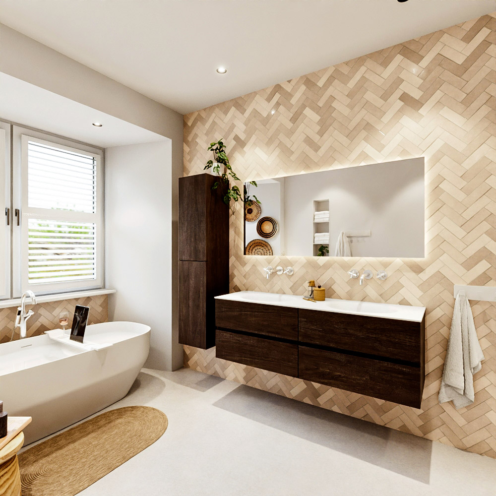 MONDIAZ VICA 150cm mueble de baño Dark Brown 4 cajones. Lavabo MOON Doble sin orificio, color Talc. 4 MONDIAZ VICA 150cm mueble de baño Dark Brown 4 cajones. Lavabo MOON Doble sin orificio, color Talc. - Imagen 4