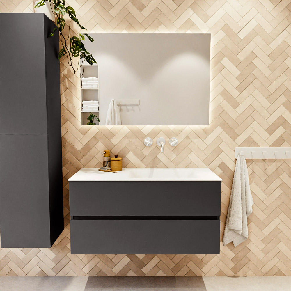 MONDIAZ VICA 100cm mueble de baño Dark Grey 2 cajones. Lavabo CLOUD Derecho sin orificio, color Talc. 2 color Talc.